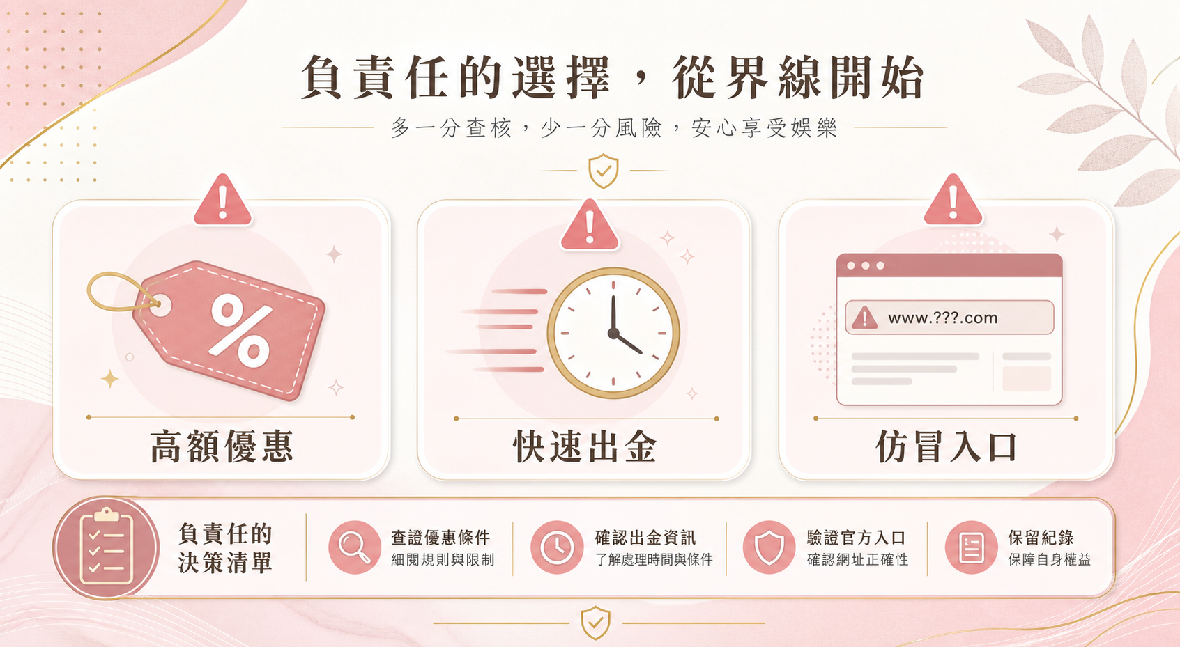 娛樂城優惠、快速出金與仿冒入口的風險提醒圖